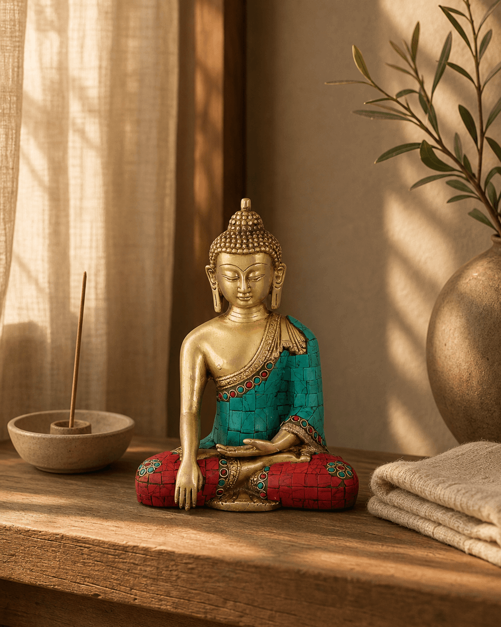 Brass Shakyamuni Buddha Statue with Colorful Detailing - Sculptures & Statues