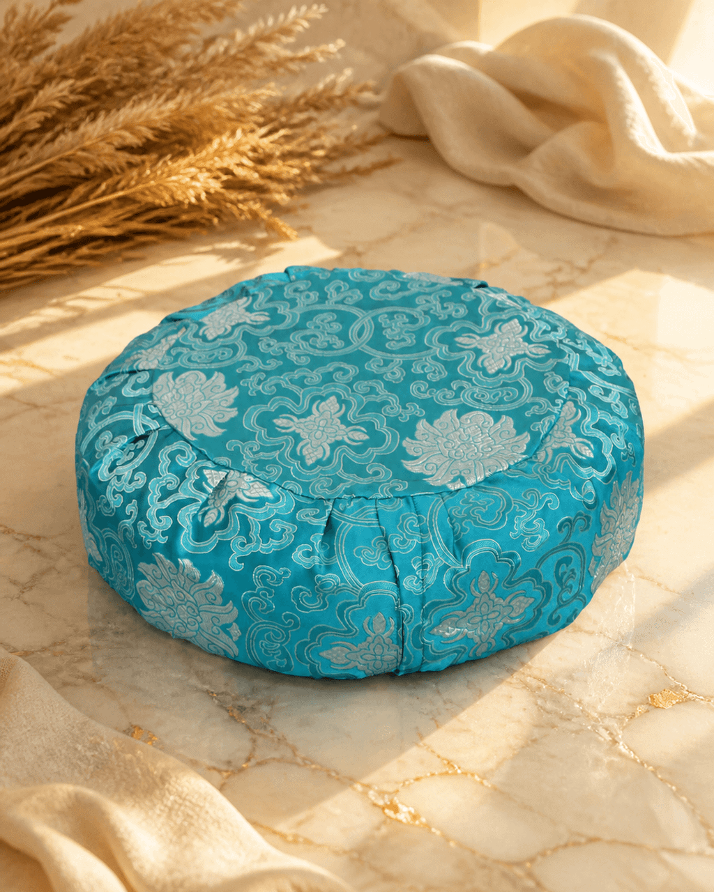 Brocade Zafu Meditation Cushion in Turquoise Blue - Massage Cushions