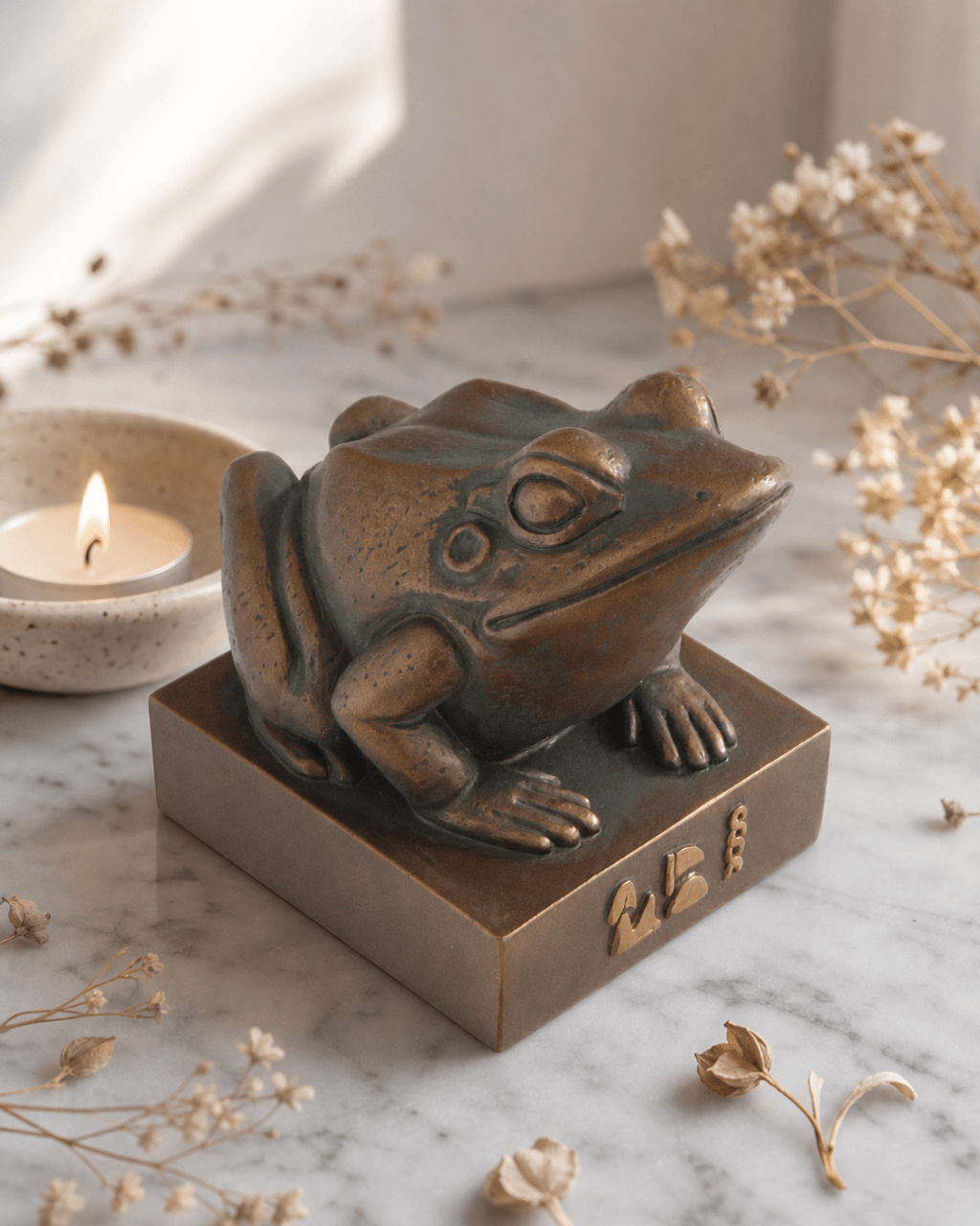 Bronze finish Egyptian frog goddess Heket Kek statue replica 5 inches tall on marble surface