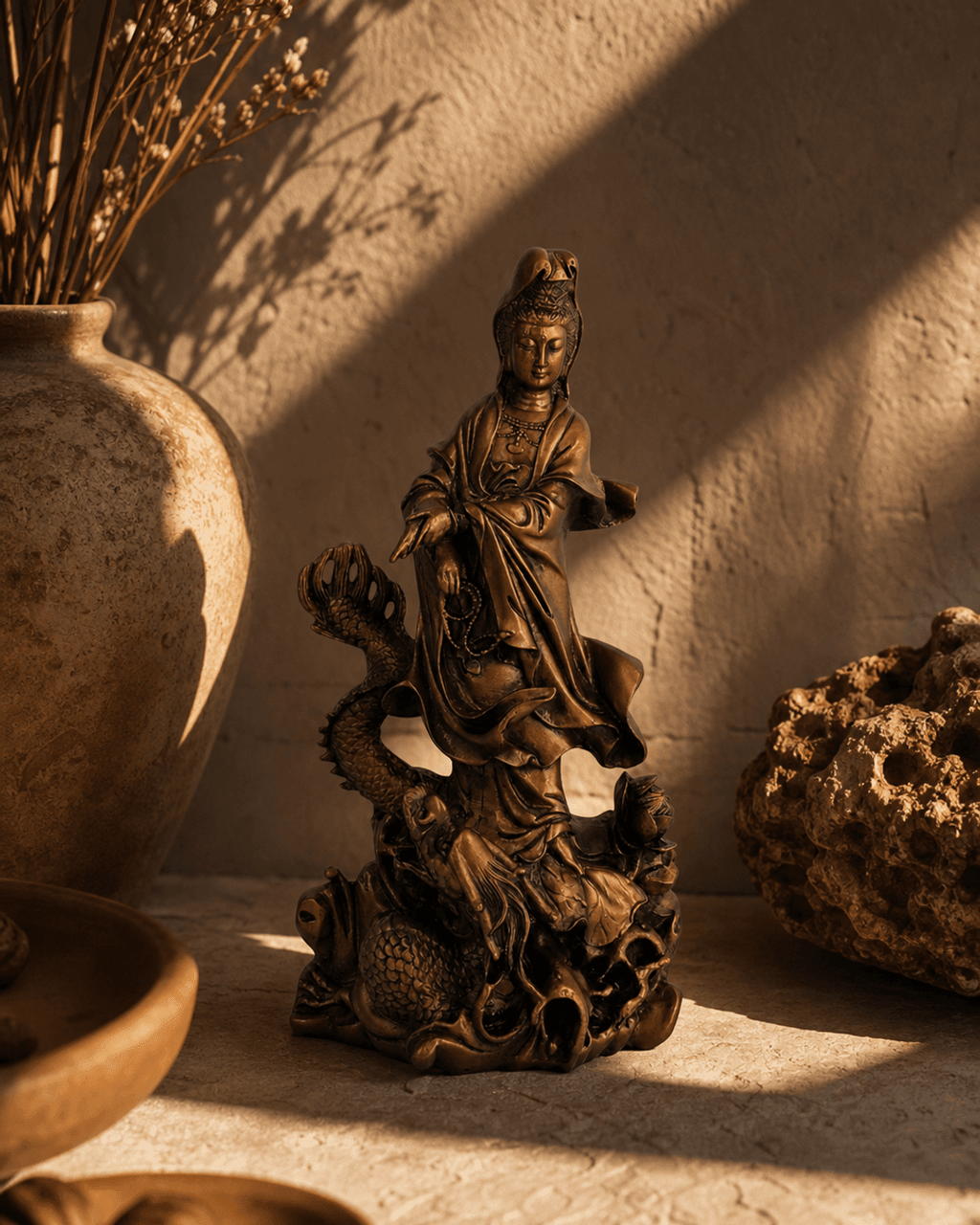 Bronze Finish Kuan Yin Dragon Statue - Sculptures & Statues