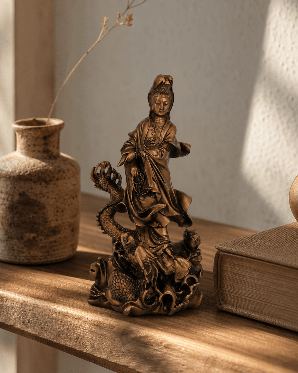 Bronze Finish Kuan Yin Dragon Statue - Sculptures & Statues