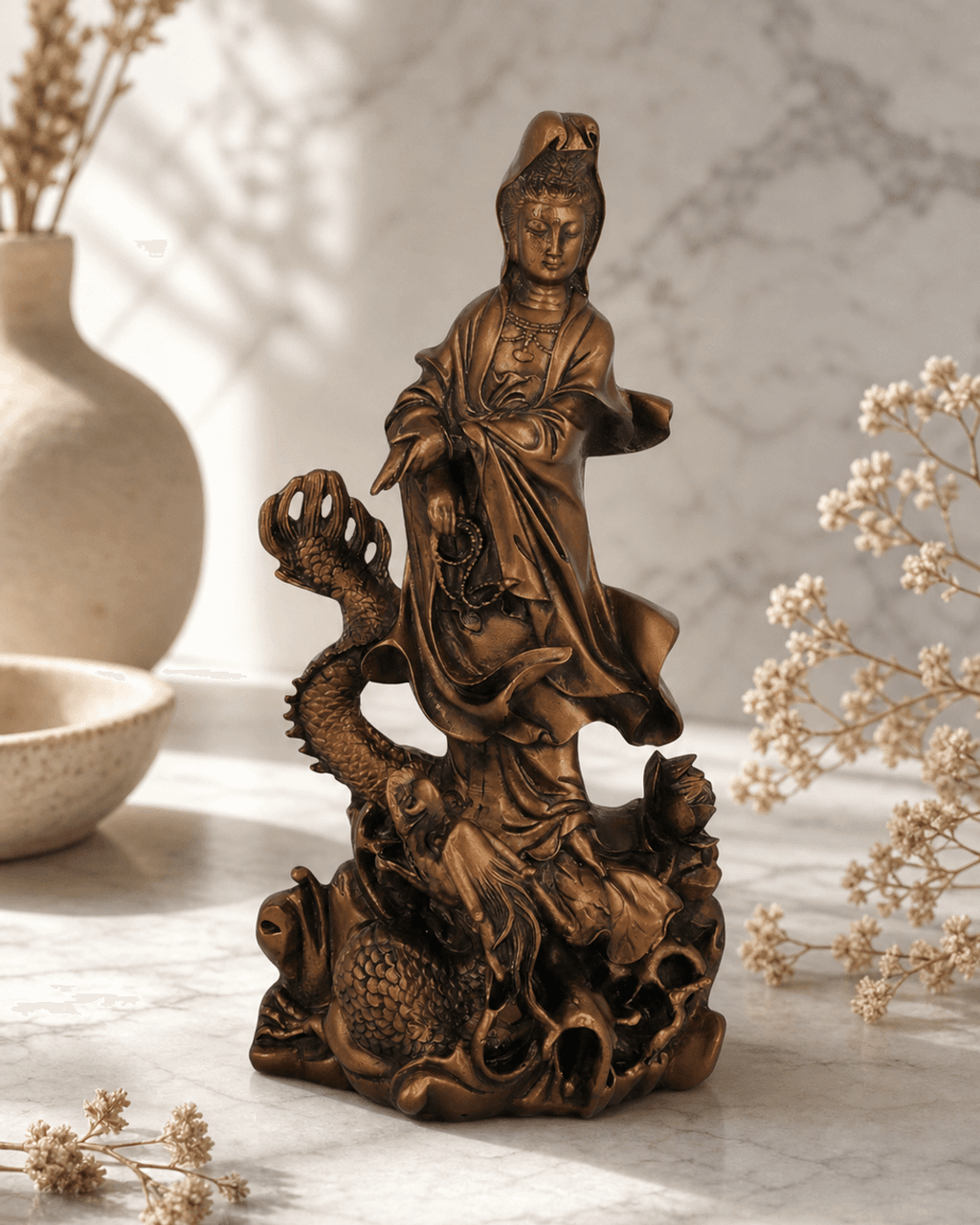 Bronze Finish Kuan Yin Dragon Statue - Sculptures & Statues