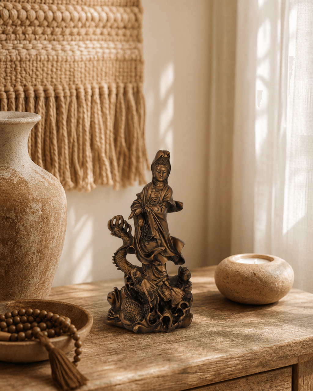 Bronze Finish Kuan Yin Dragon Statue - Sculptures & Statues