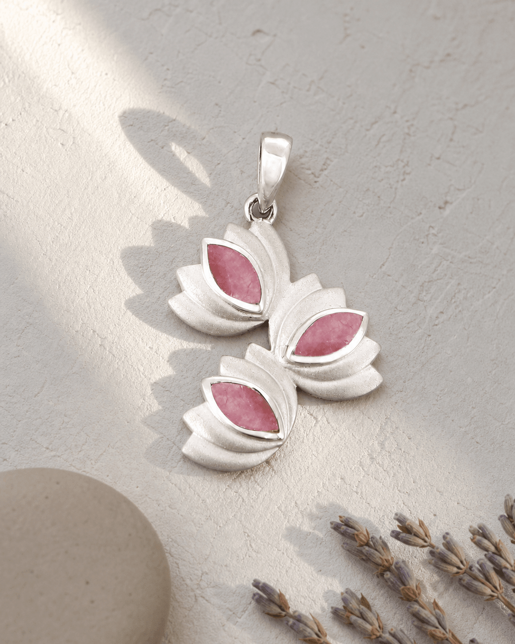 Brushed Sterling Silver Rhodochrosite Triple Lotus Pendant - Pendant