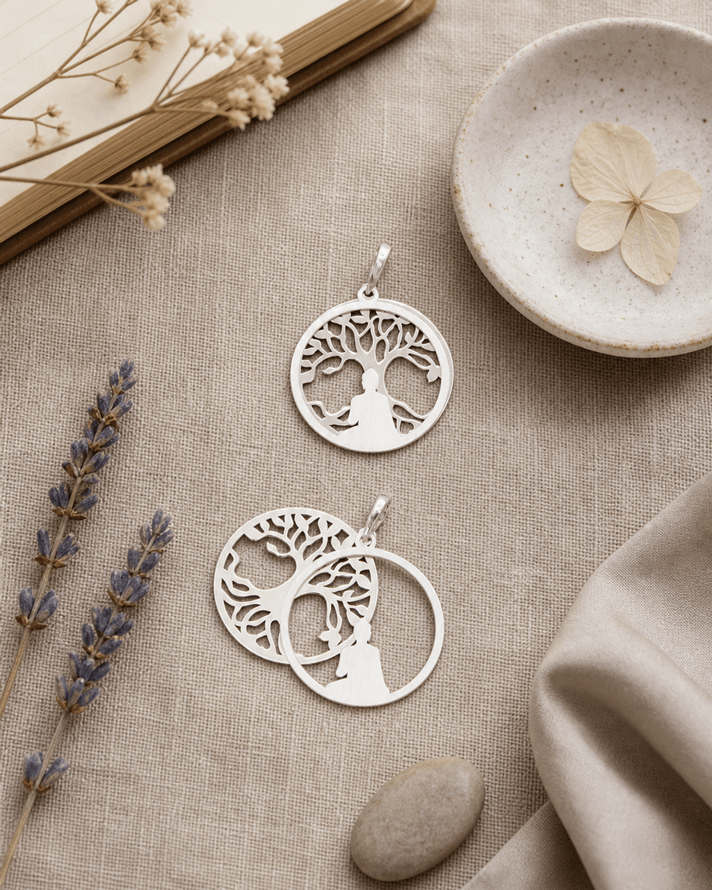 Buddha Pendant with Layered Bodhi Tree in Sterling Silver - Pendant