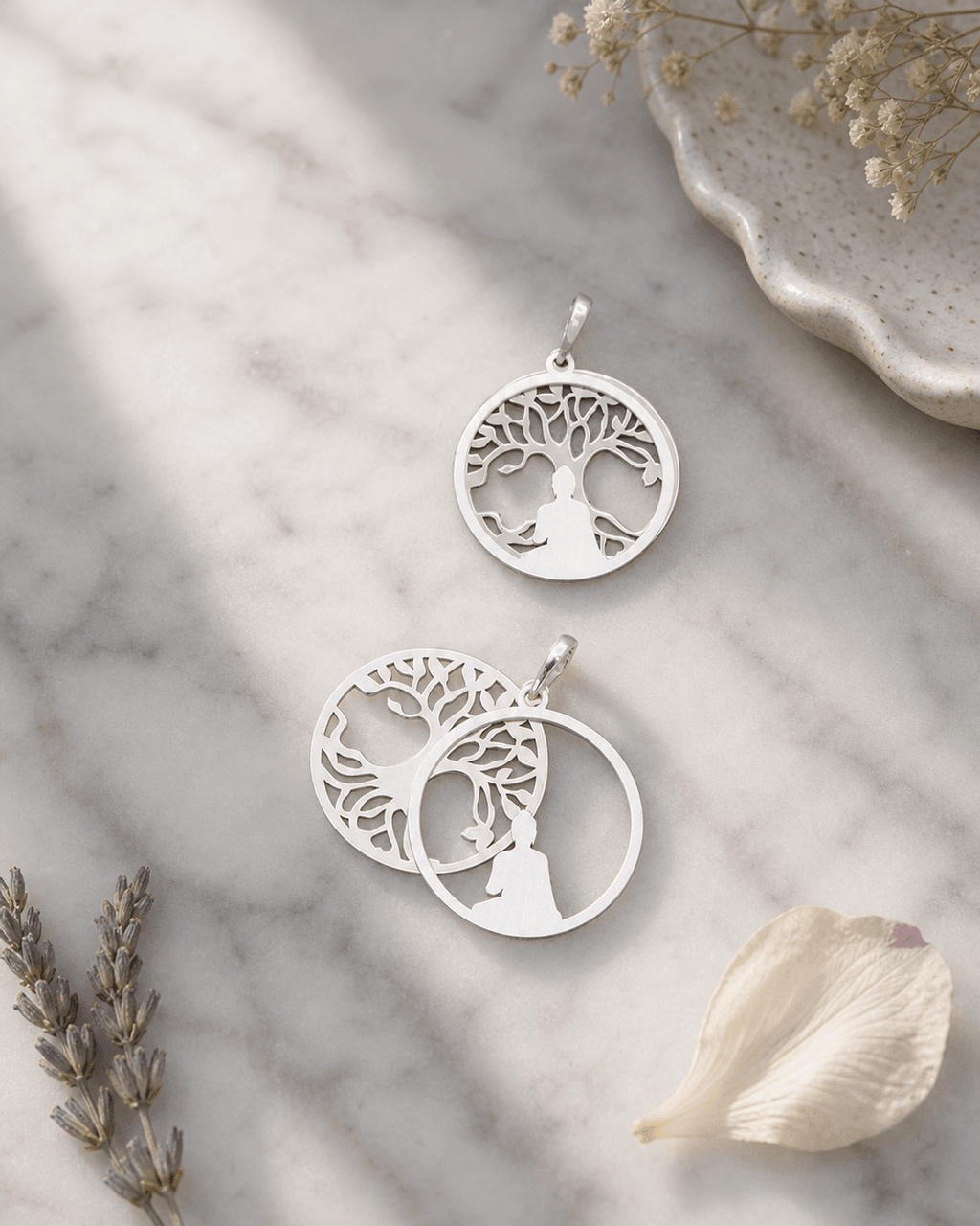 Buddha Pendant with Layered Bodhi Tree in Sterling Silver - Pendant