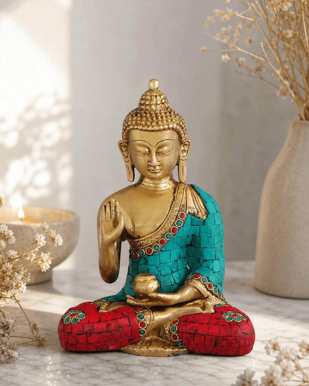 Buddha Statue with Colorful Detailing, Brass - Sculptures & Statues