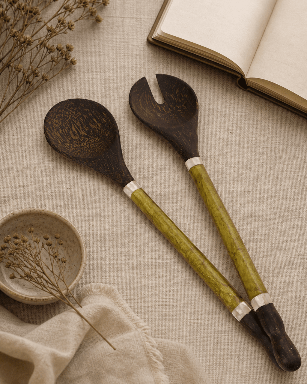 Capiz Shell and Palm Wood Salad Servers - Serveware