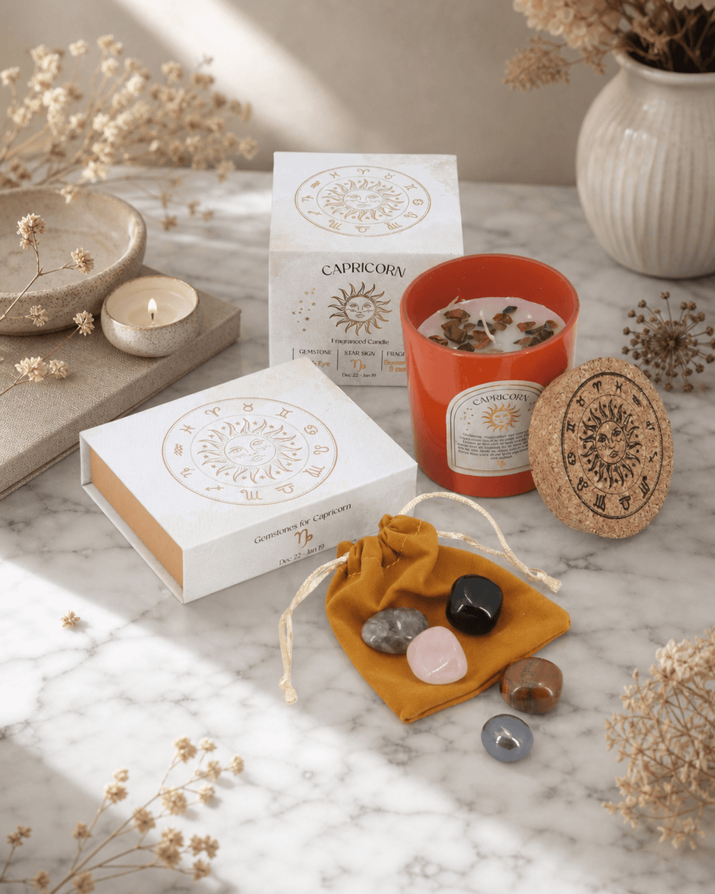 Capricorn Zodiac Candle & Crystal Tumblestone Set - Candles
