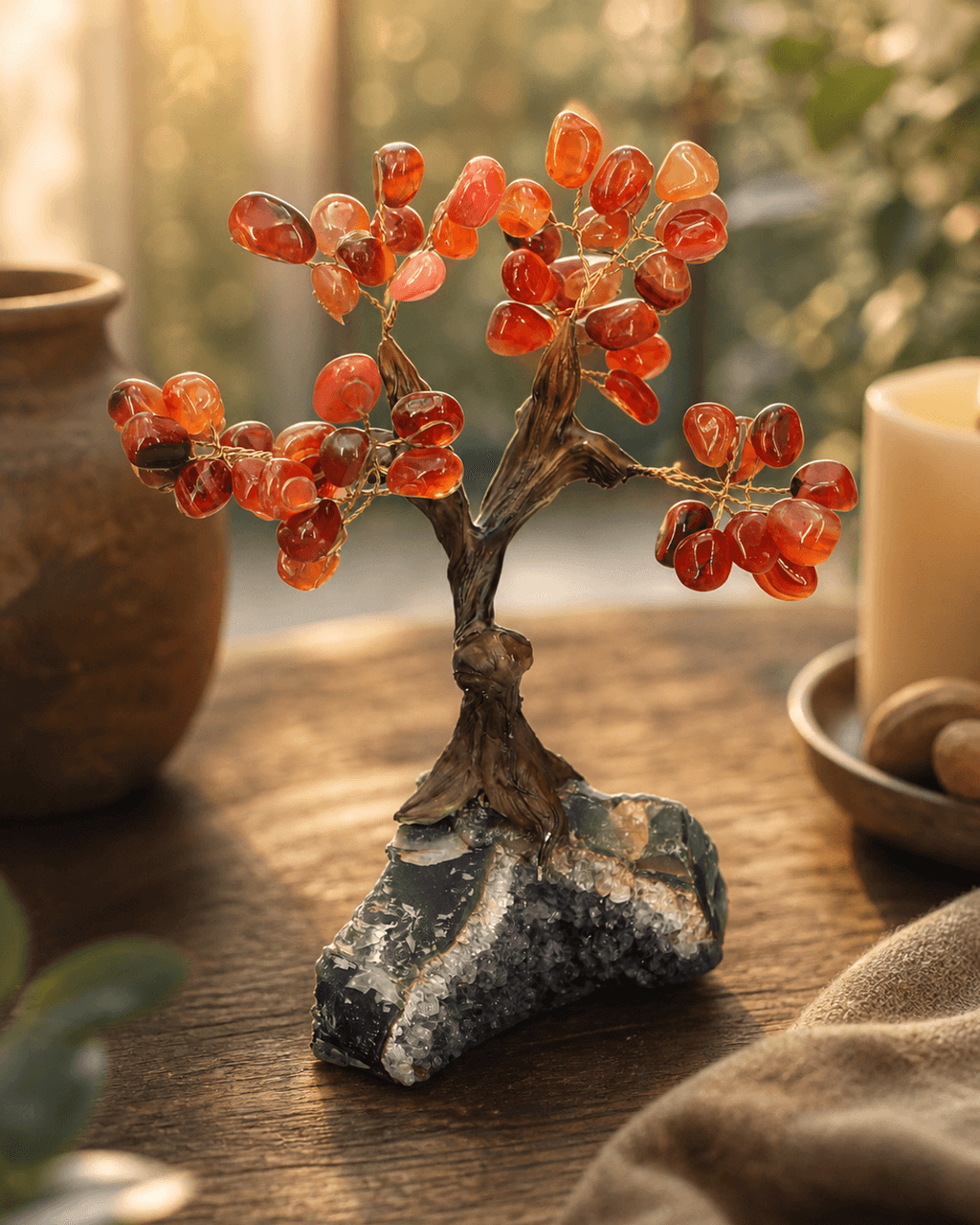 Carnelian Gemstone Bonsai Tree – Handmade Crystal Tree for Courage & Creativity - New