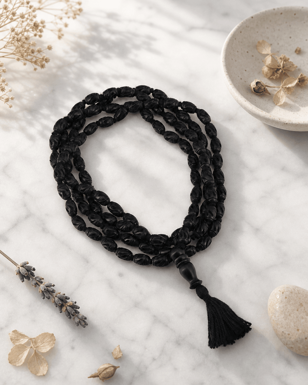 Carved Ebony Wood Meditation Mala with Knotted Beads - Prayer Beads 54 Beads
