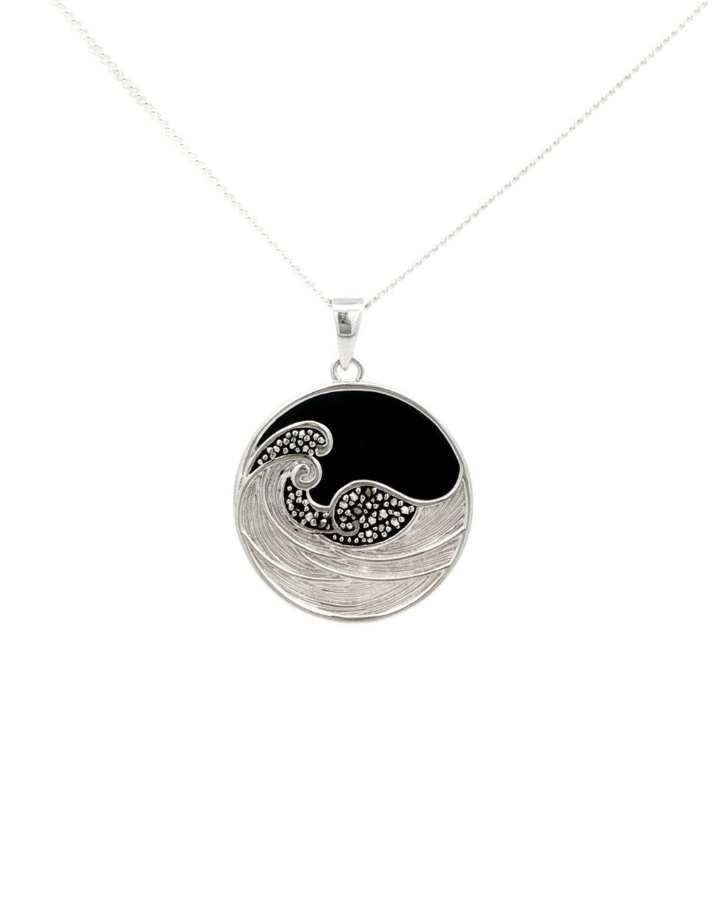 Celestial Midnight Wave Pendant – Sterling Silver with Onyx & Marcasite - Pendant