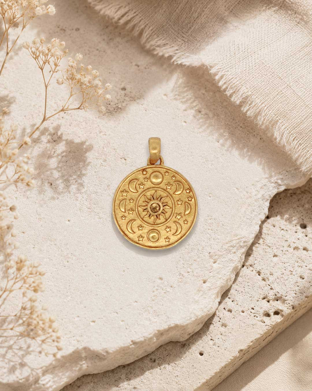 Celestial Sun & Moon Citrine Pendant — Gold-Plated Brass Charm - Pendant