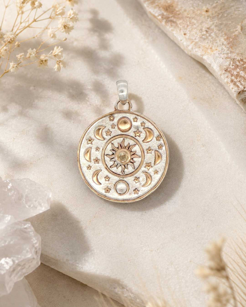 Celestial Sun Moon Phases Pendant with Citrine — Silver-Plated Bronze - Pendant