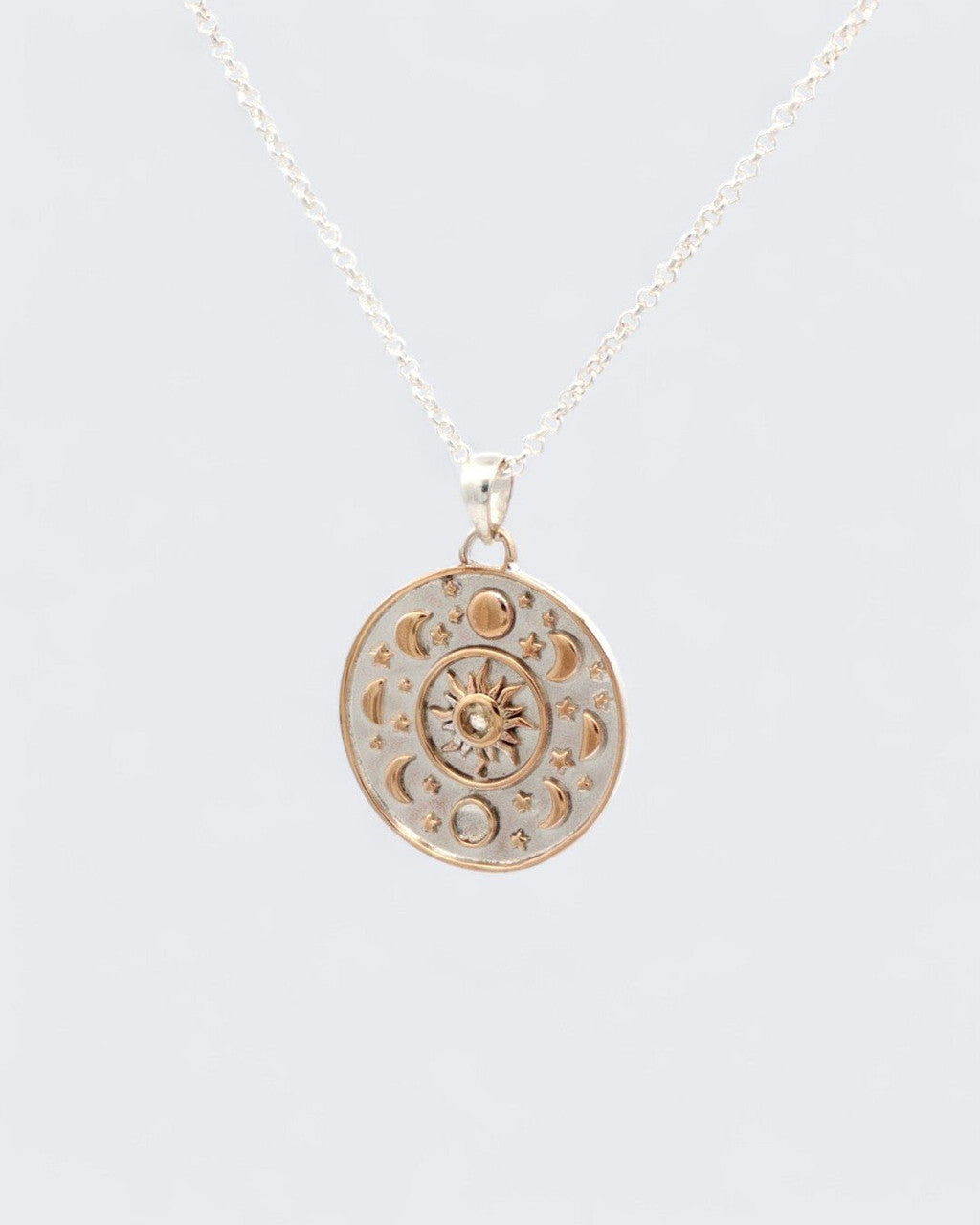 Celestial Sun Moon Phases Pendant with Citrine — Silver-Plated Bronze - Pendant