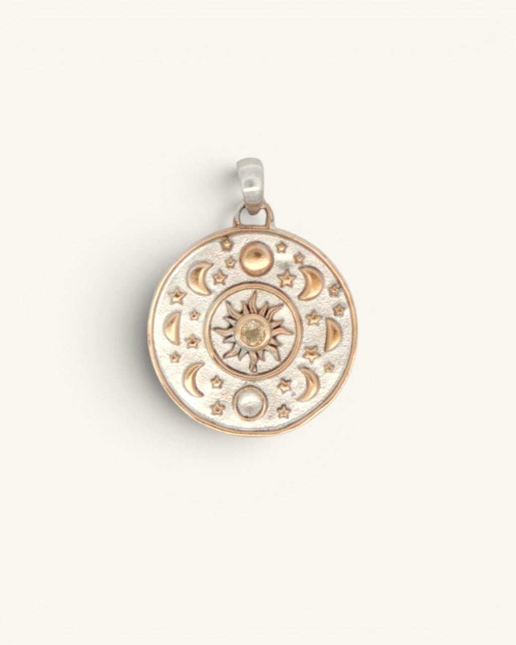 Celestial Sun Moon Phases Pendant with Citrine — Silver-Plated Bronze - Pendant
