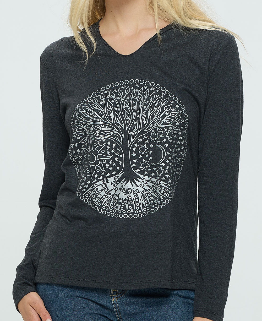 Celestial Tree of Life Boho Long Sleeve Lightweight Hooded Tee - Shirts & Tops S