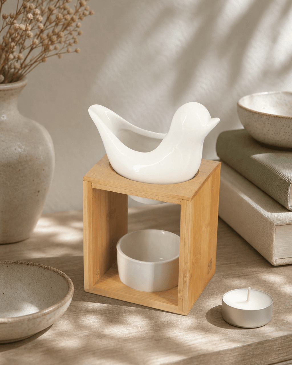 Ceramic and Bamboo Oil Burner Set Essential Oil - Candle & Oil Warmers Leaf