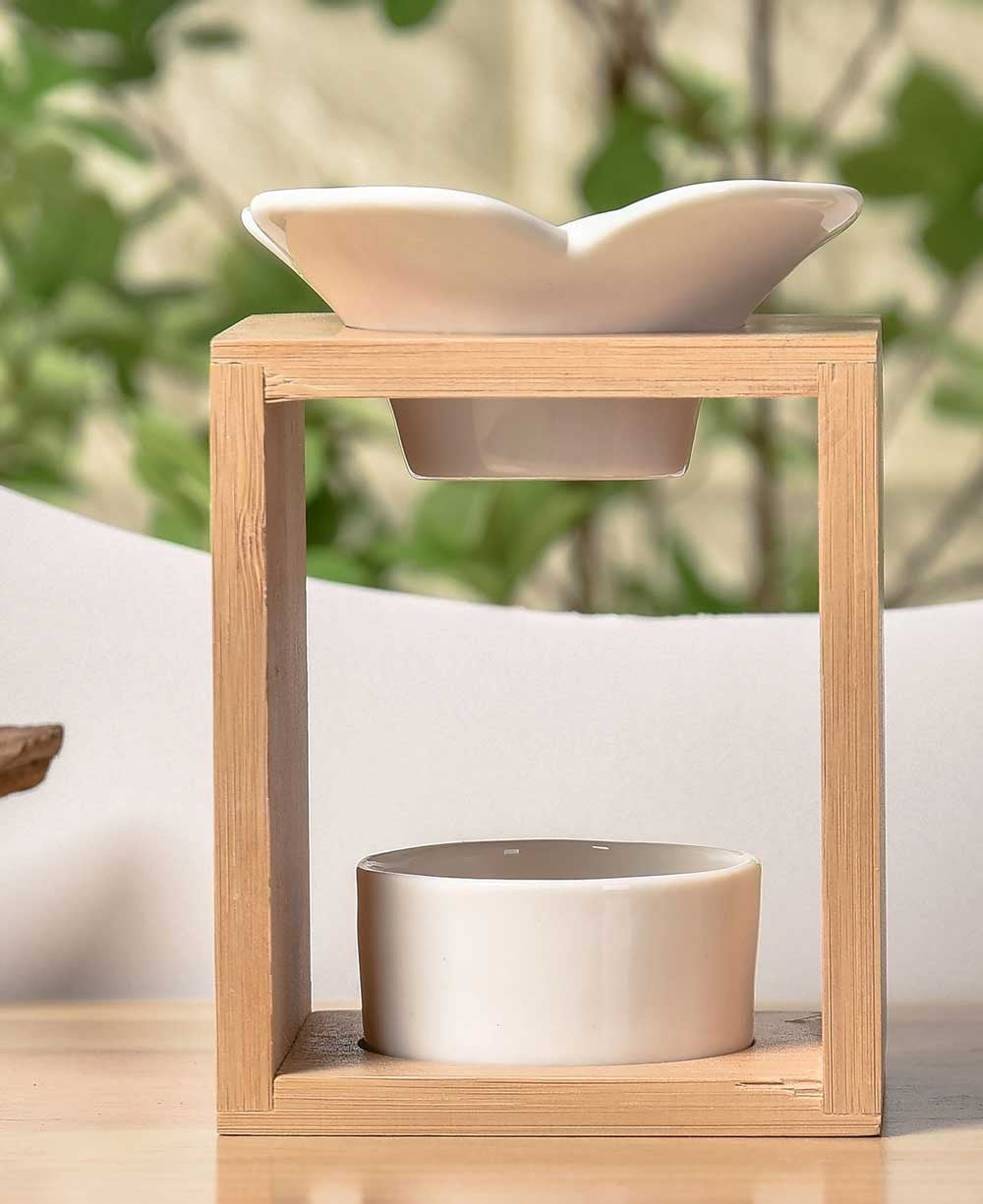 Ceramic and Bamboo Oil Burner Set Essential Oil - Candle & Oil Warmers Leaf