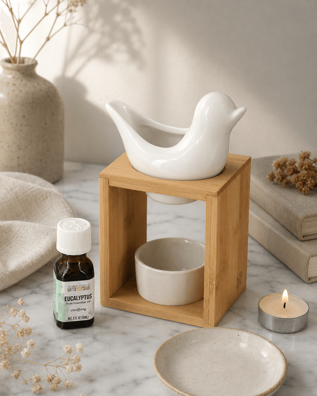 Ceramic and Bamboo Oil Burner Set Essential Oil - Candle & Oil Warmers Leaf