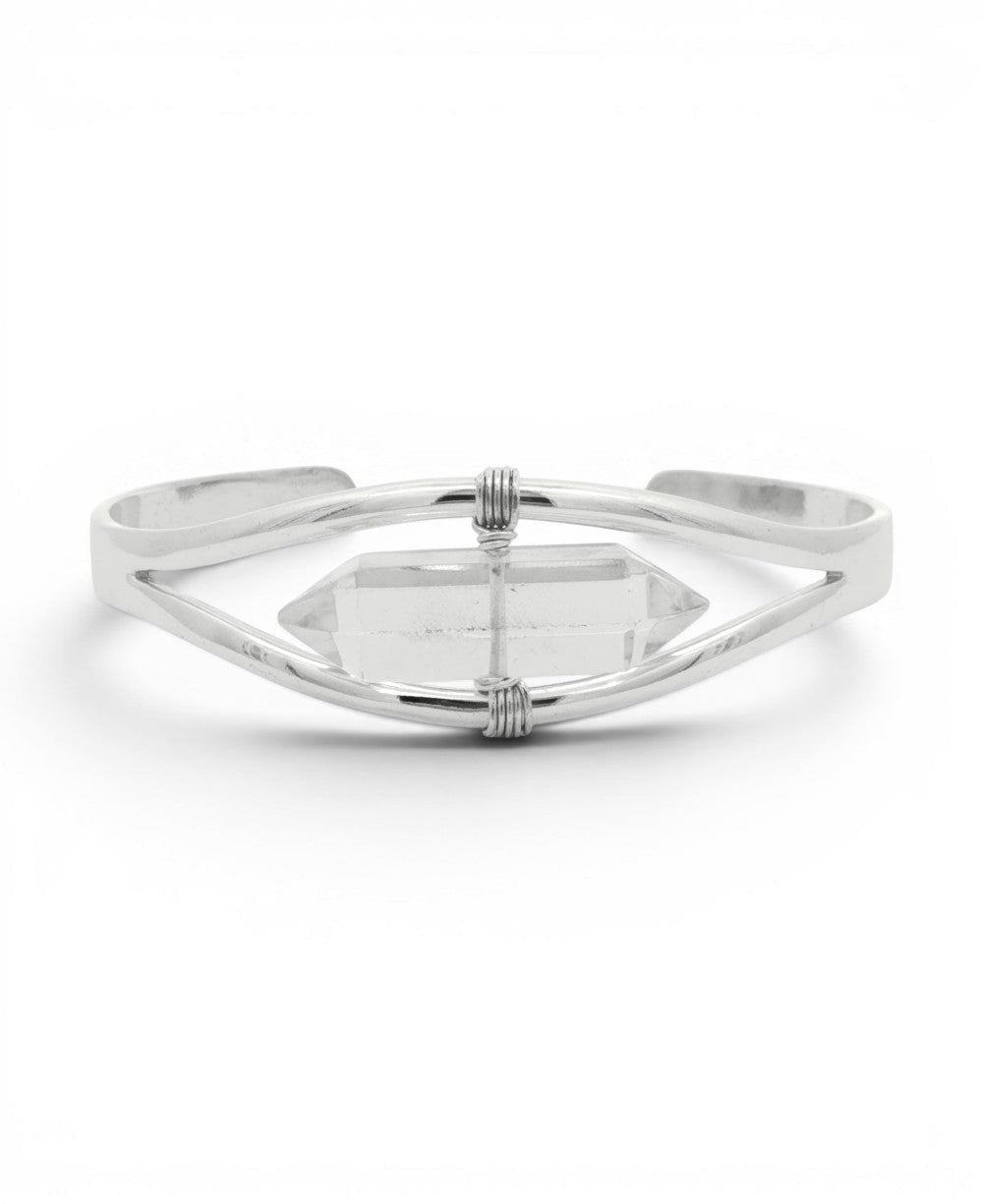Clear Quartz Crystal Point Cuff Bracelet — Silver Plated Adjustable - Bracelets