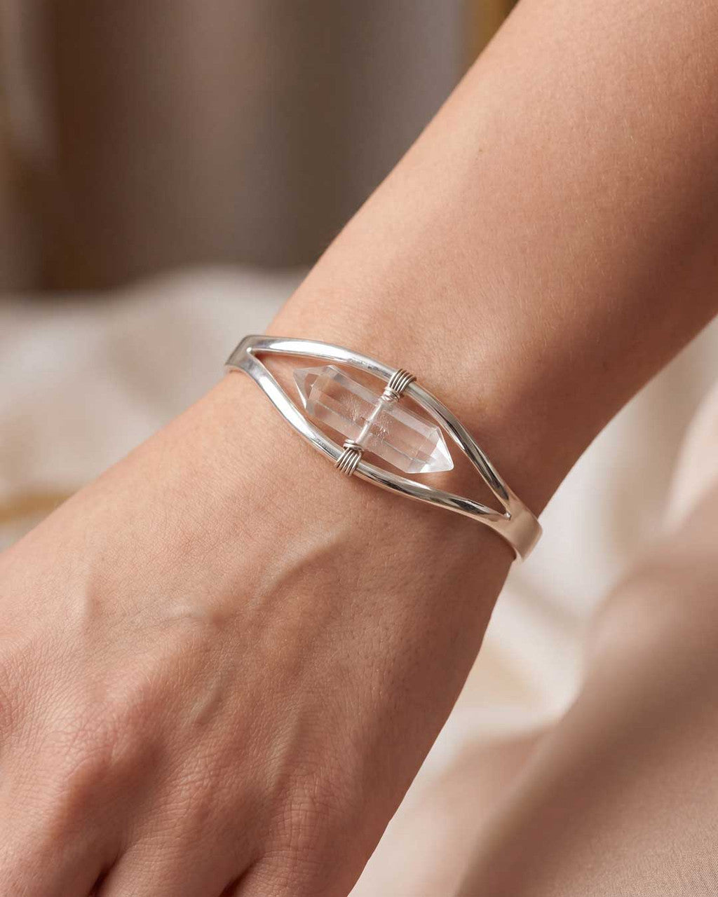 Clear Quartz Crystal Point Cuff Bracelet — Silver Plated Adjustable - Bracelets