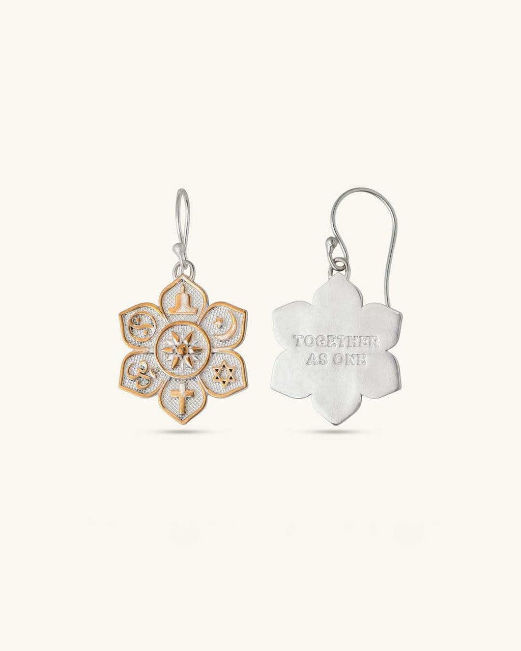 Coexist Harmony Earrings — Silver-Plated Bronze Lotus Mandala with Interfaith Symbols - Earrings