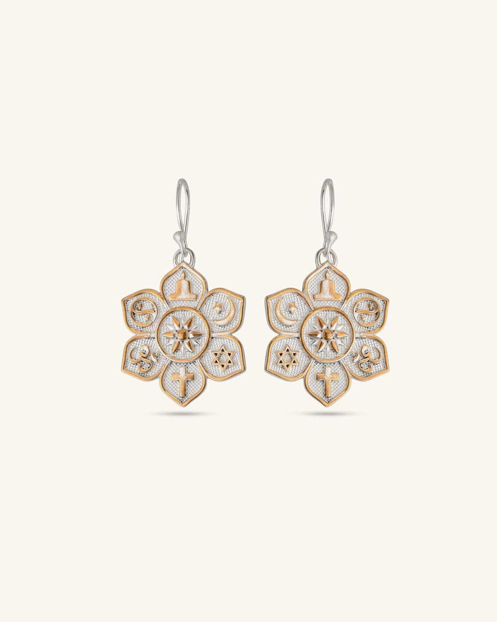 Coexist Harmony Earrings — Silver-Plated Bronze Lotus Mandala with Interfaith Symbols - Earrings
