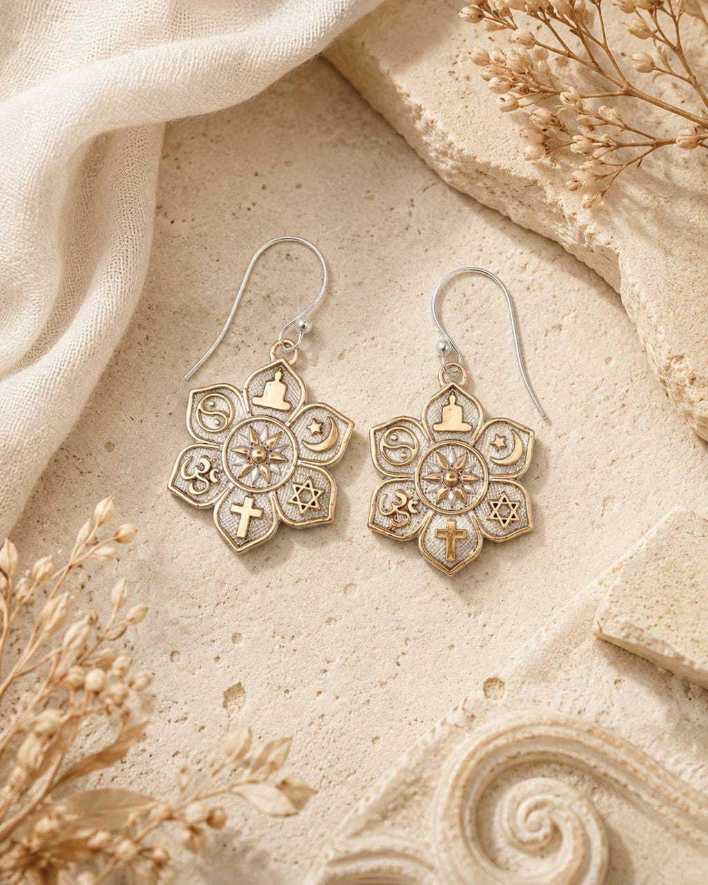 Coexist Harmony Earrings — Silver-Plated Bronze Lotus Mandala with Interfaith Symbols - Earrings