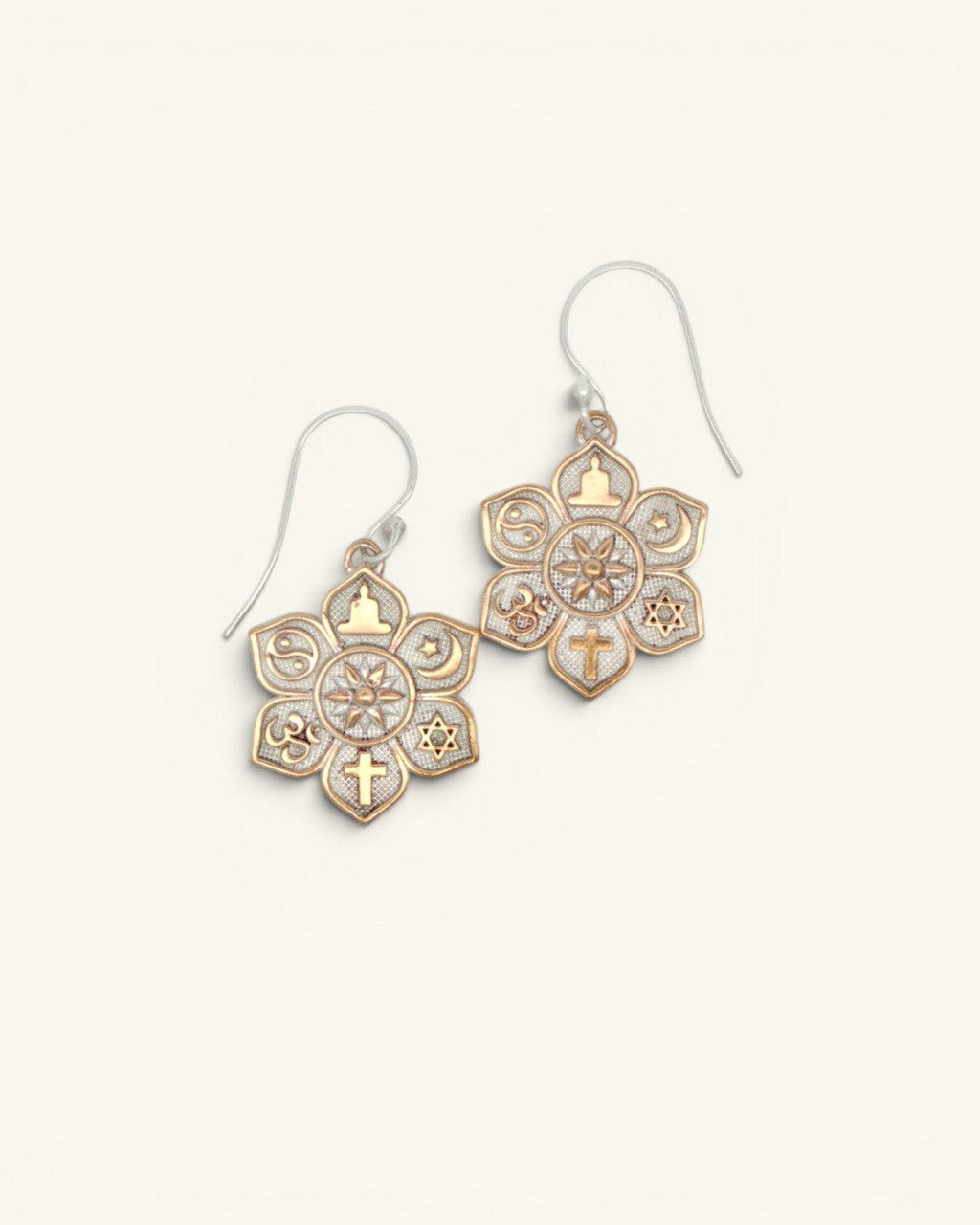Coexist Harmony Earrings — Silver-Plated Bronze Lotus Mandala with Interfaith Symbols - Earrings