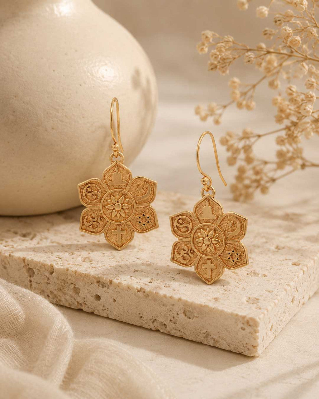 Coexist Lotus Earrings — 18K Gold Plated Brass Symbol Drops - Earrings