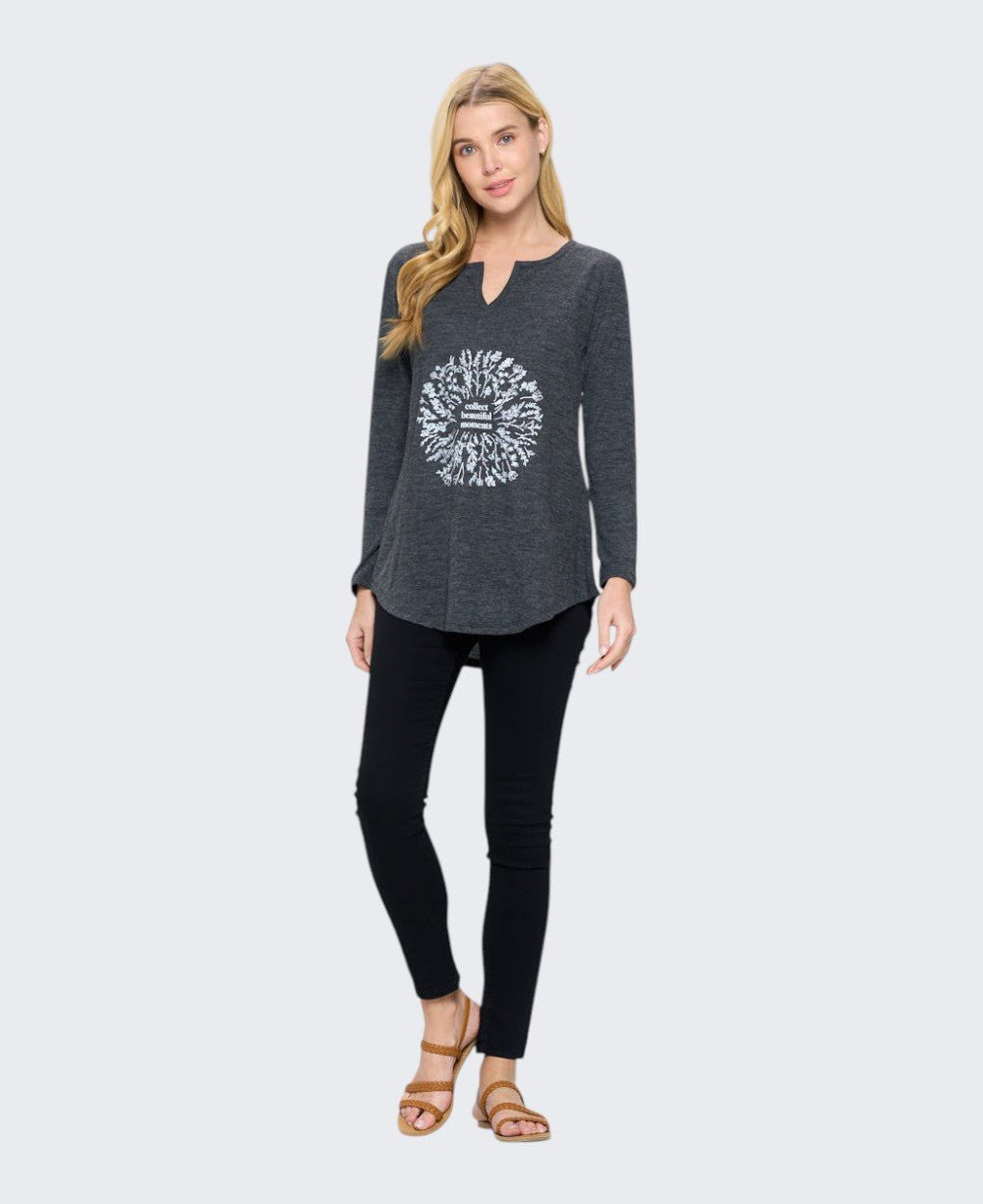 Collect Beautiful Moments Floral Wreath Long Sleeve Tunic Top — Charcoal Grey - Small
