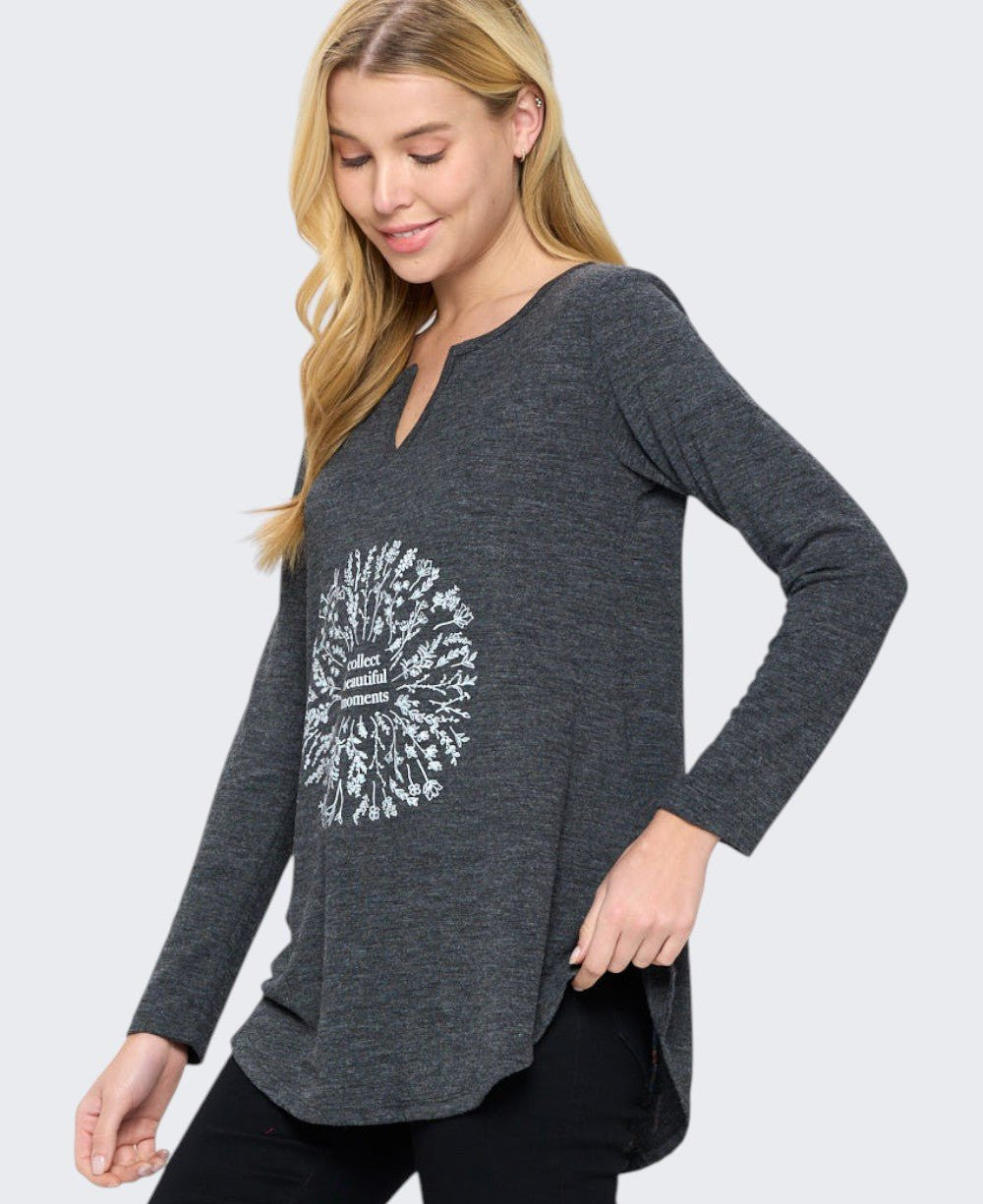 Collect Beautiful Moments Floral Wreath Long Sleeve Tunic Top — Charcoal Grey - Small