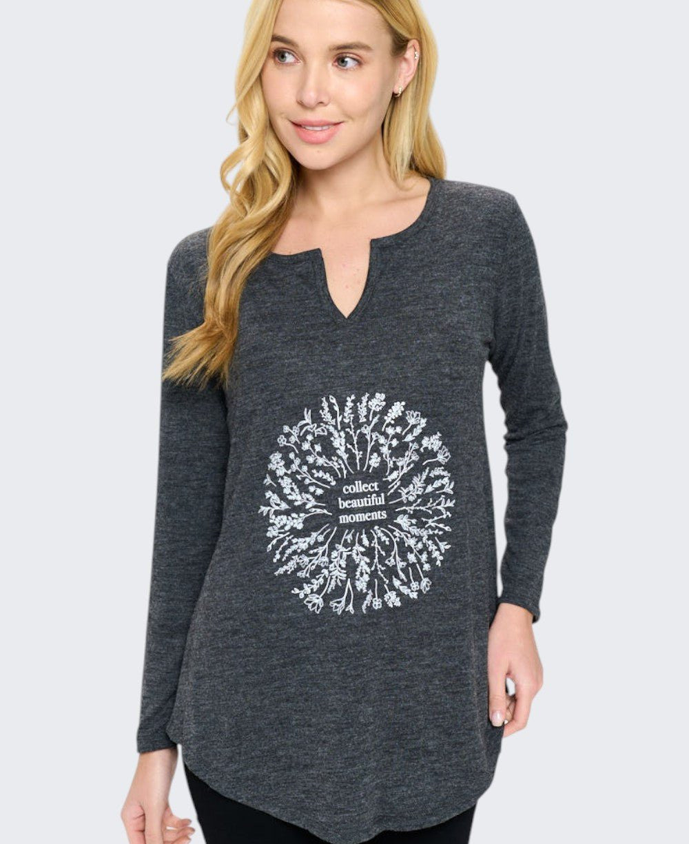 Collect Beautiful Moments Floral Wreath Long Sleeve Tunic Top — Charcoal Grey - Small