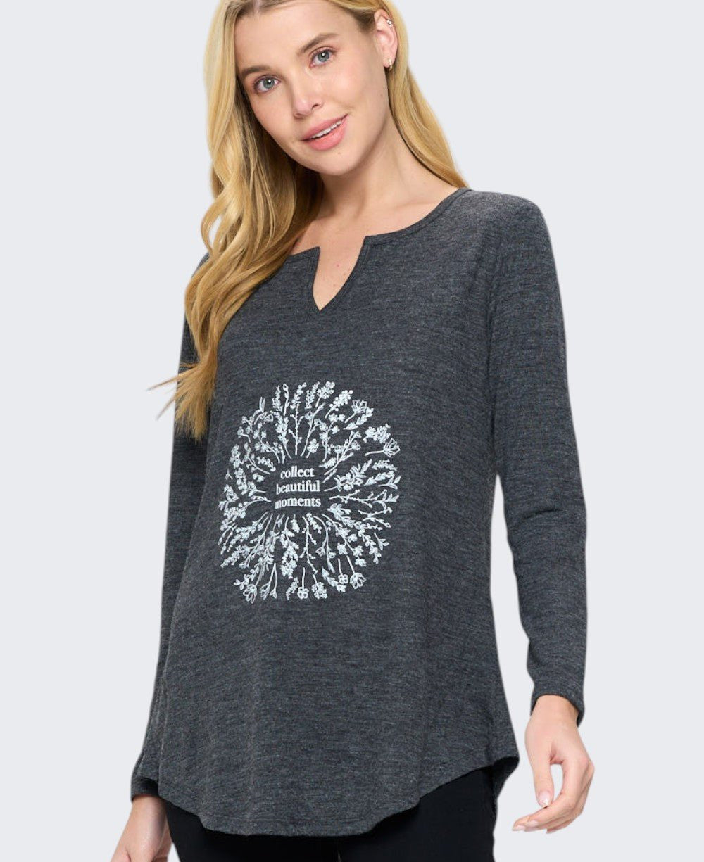 Collect Beautiful Moments Floral Wreath Long Sleeve Tunic Top — Charcoal Grey - Small