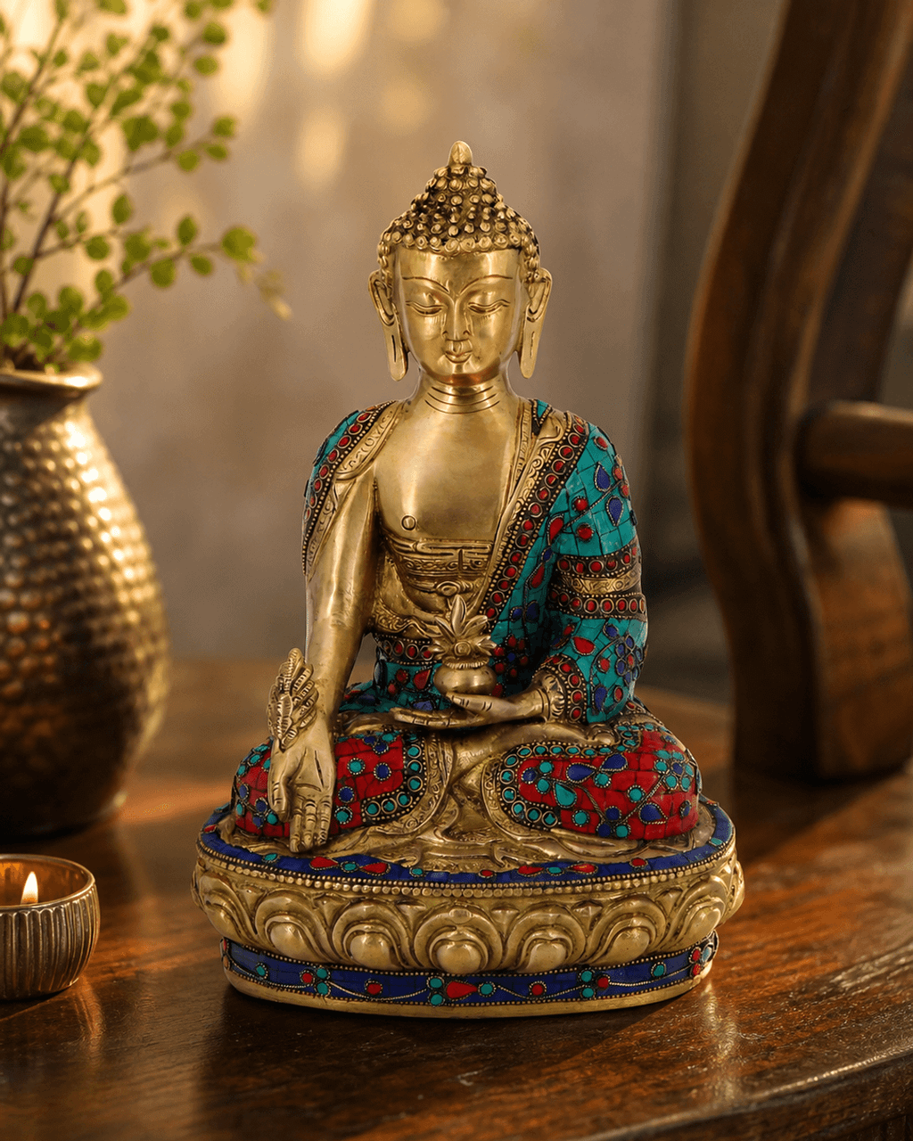 Colorful Brass Healing Medicine Buddha Statue - Sculptures & Statues