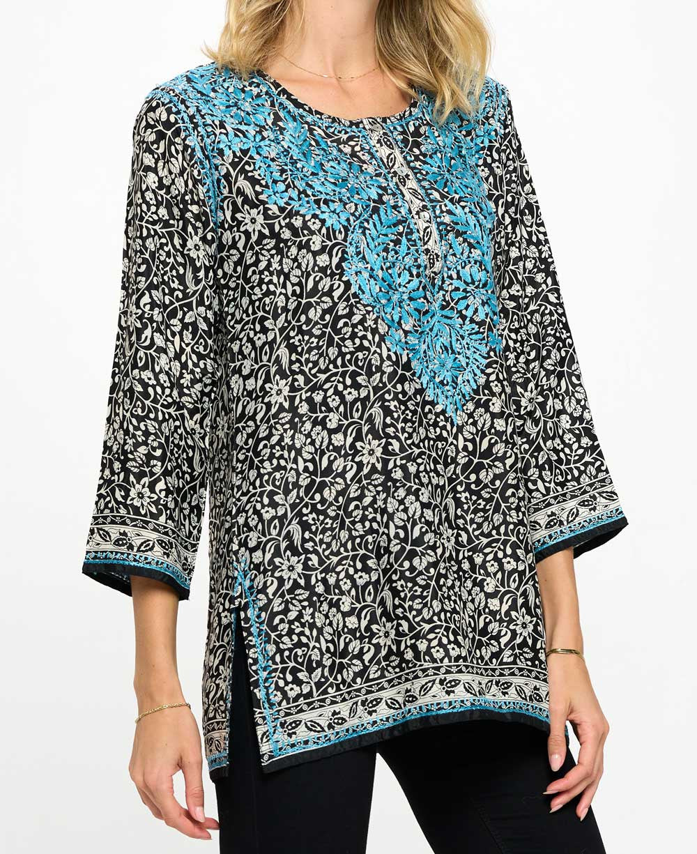 Contrast Embroidery Indian Tunic in Poly Silk - Shirts & Tops S