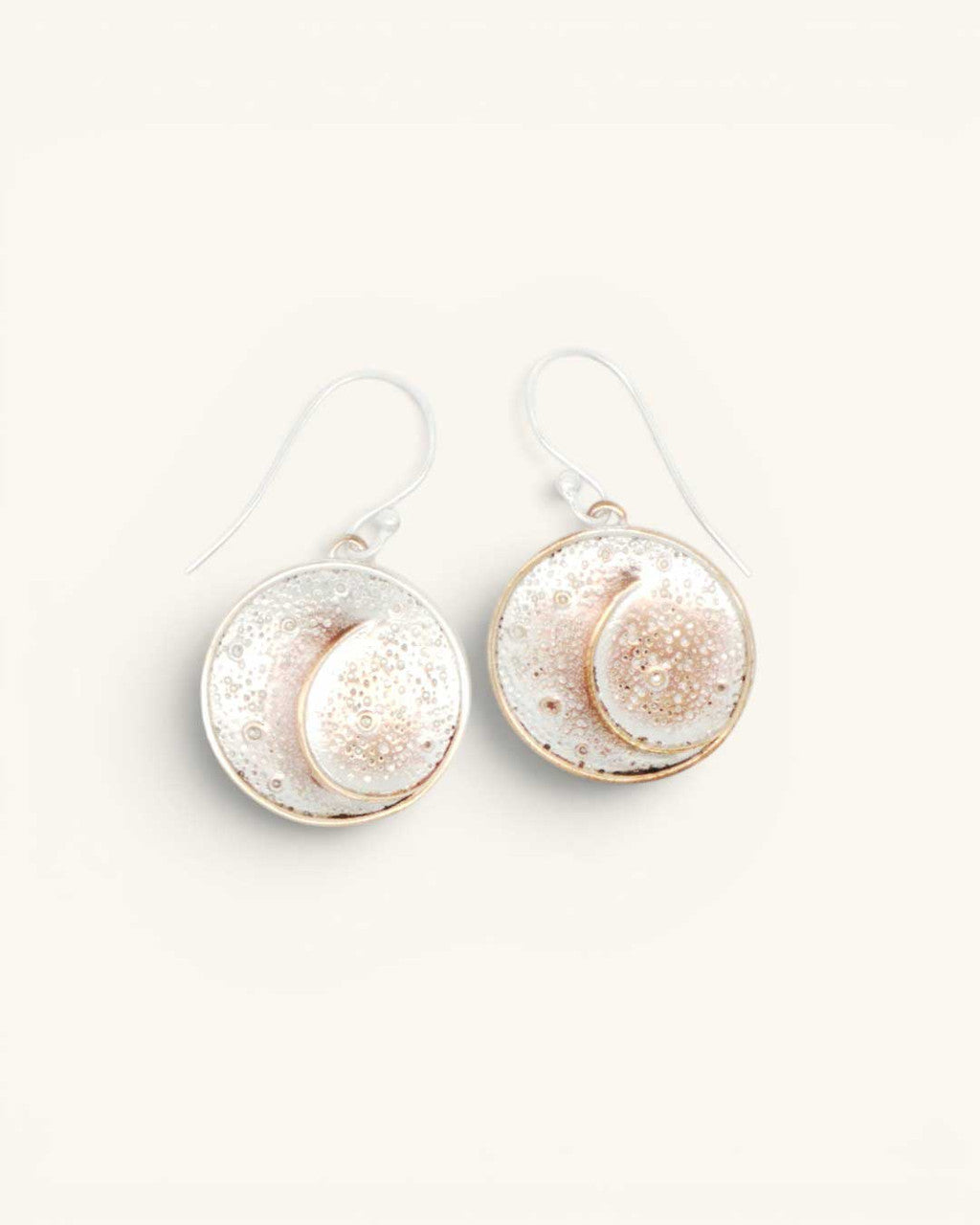Crescent Moon Disc Earrings — Textured Silver-Plated Bronze - Earrings