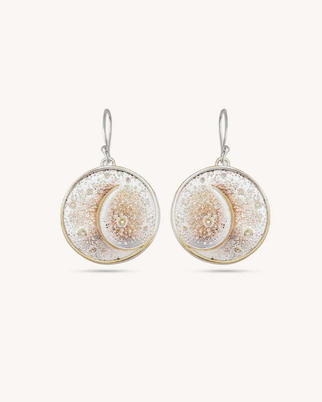Crescent Moon Disc Earrings — Textured Silver-Plated Bronze - Earrings