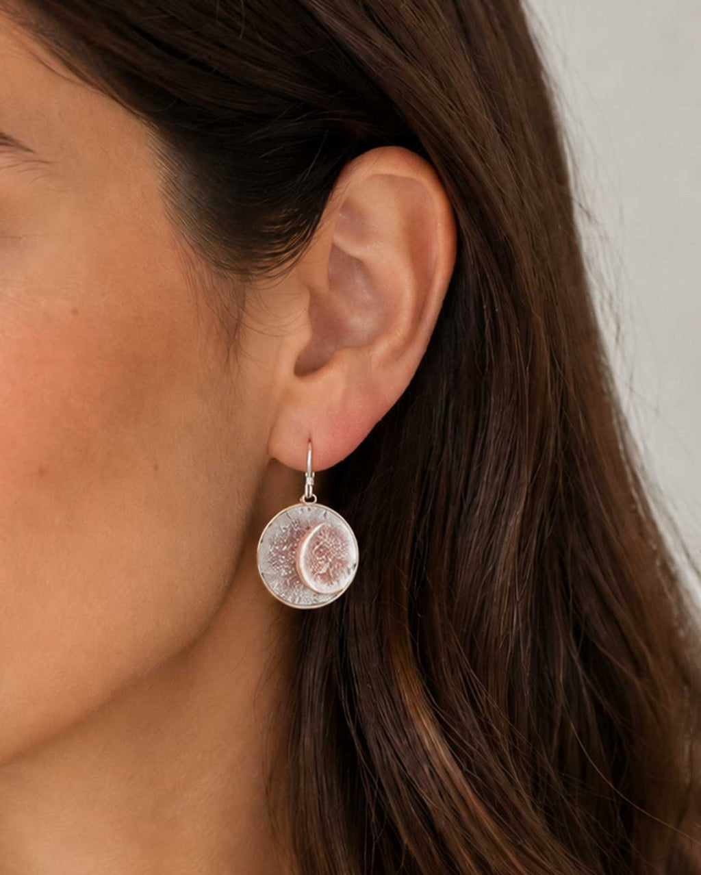 Crescent Moon Disc Earrings — Textured Silver-Plated Bronze - Earrings
