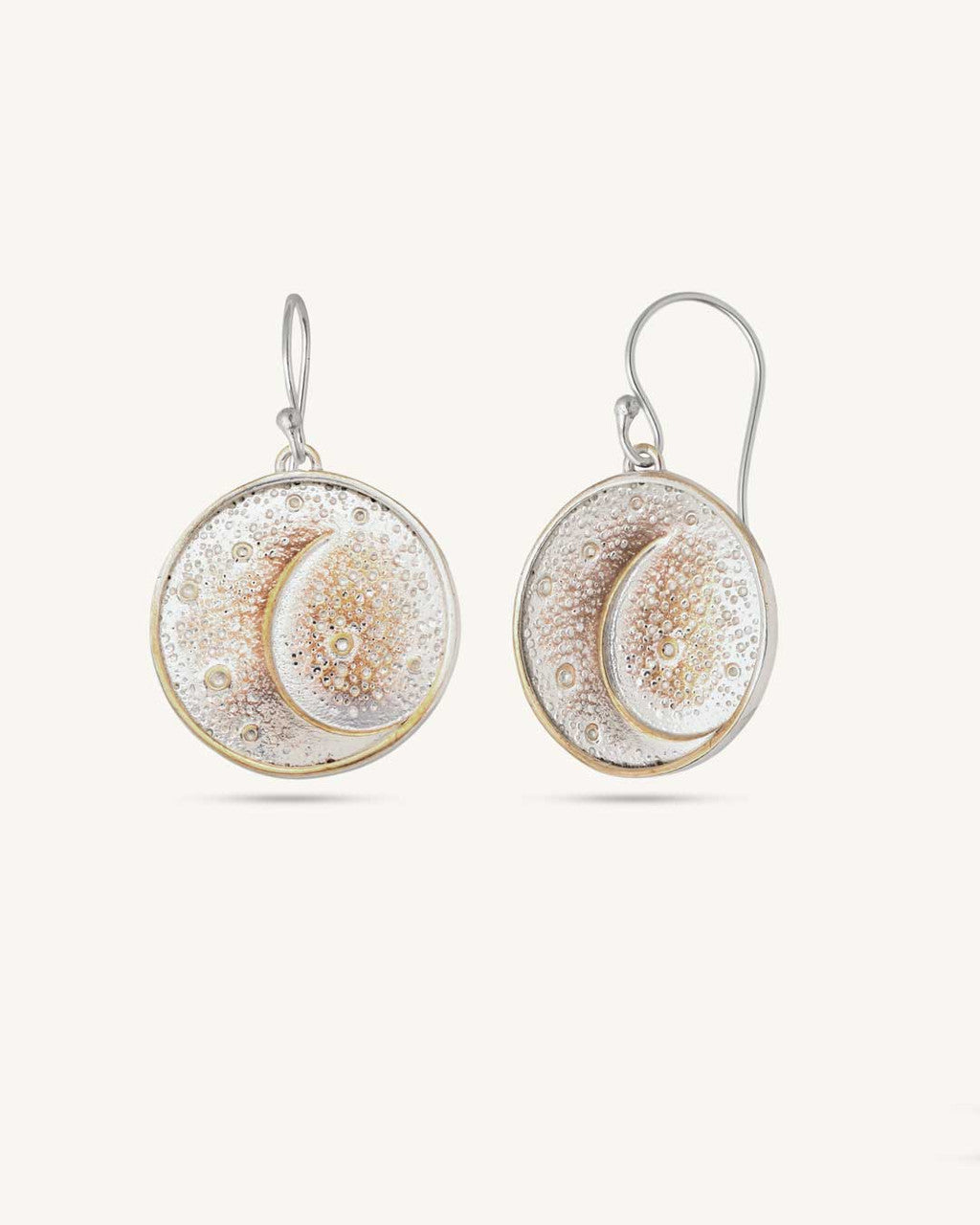 Crescent Moon Disc Earrings — Textured Silver-Plated Bronze - Earrings