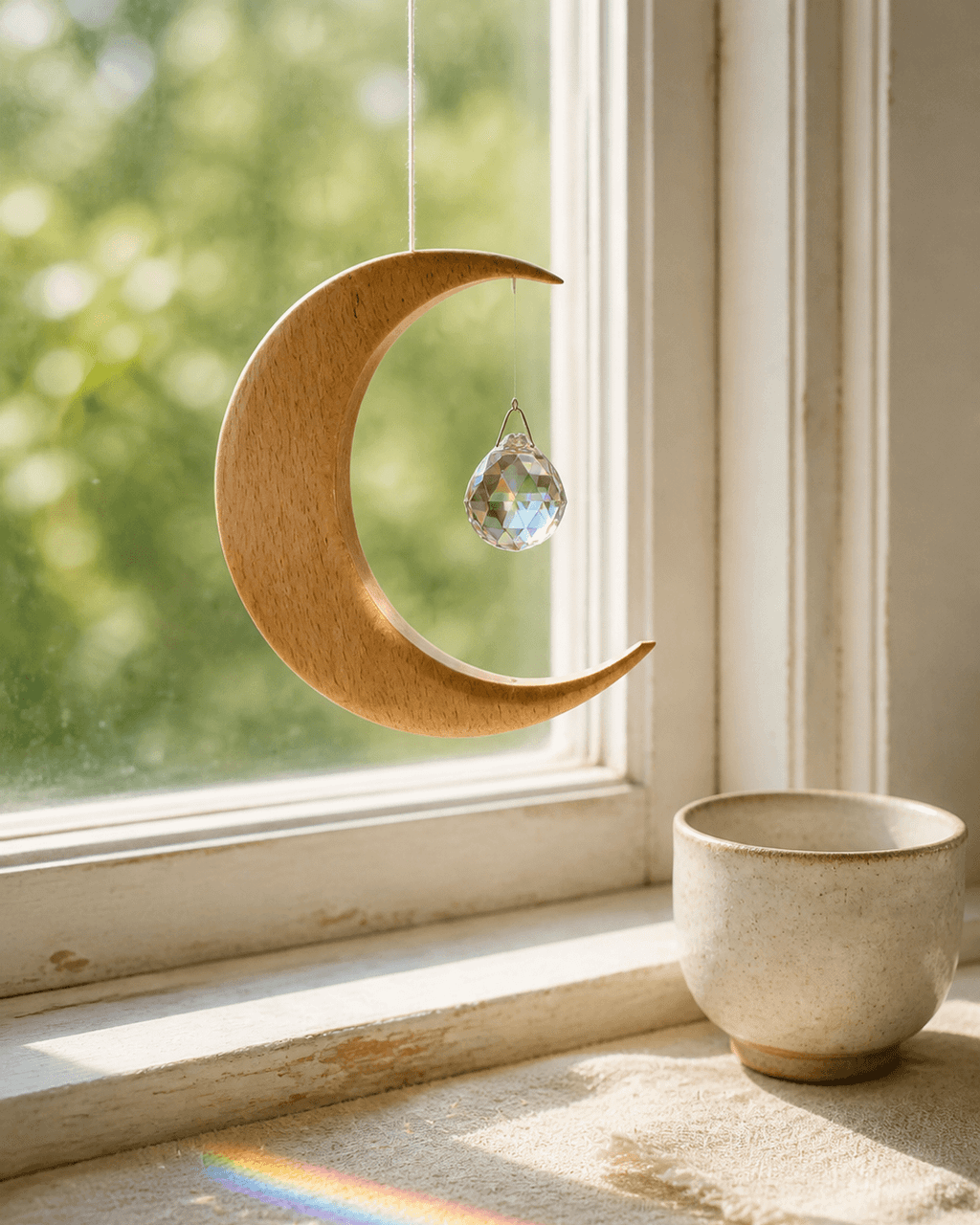 Crystal and Wood Moon Shaped Suncatcher - Suncatchers Small