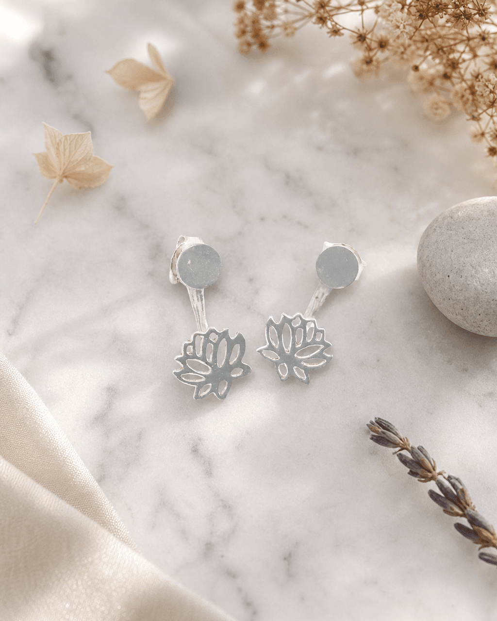 Dainty Lotus Ear Jackets, Sterling Silver Stud Earrings - 