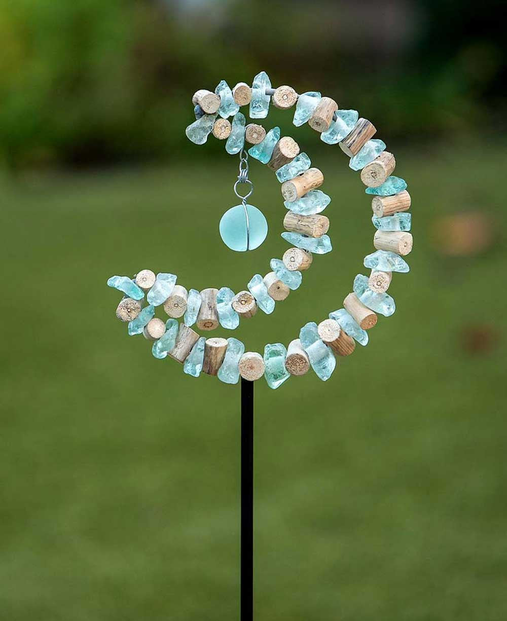 Driftwood & Aqua Glass Crescent Zen Garden Stake - Garden Stake