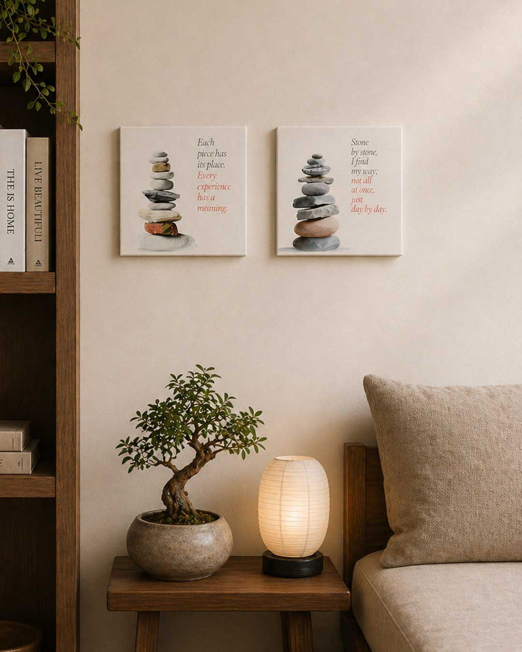 "Each Piece Has Its Place" Zen Cairn Canvas — 12 - Inch Wood Framed Wall Art - Wall Hanging