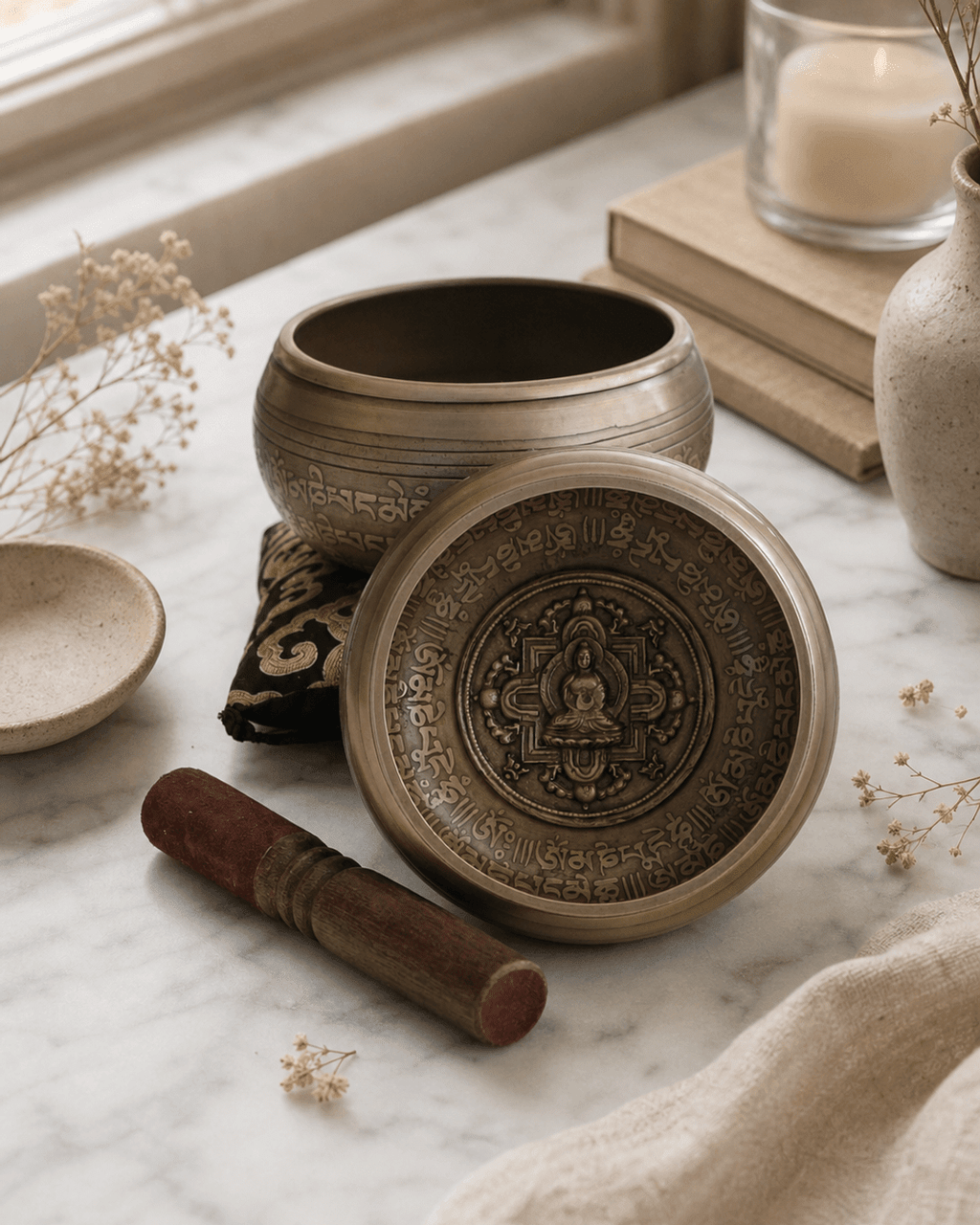 Embossed Buddha Singing Bowl with Mantra Design - Hand Bells & Chimes