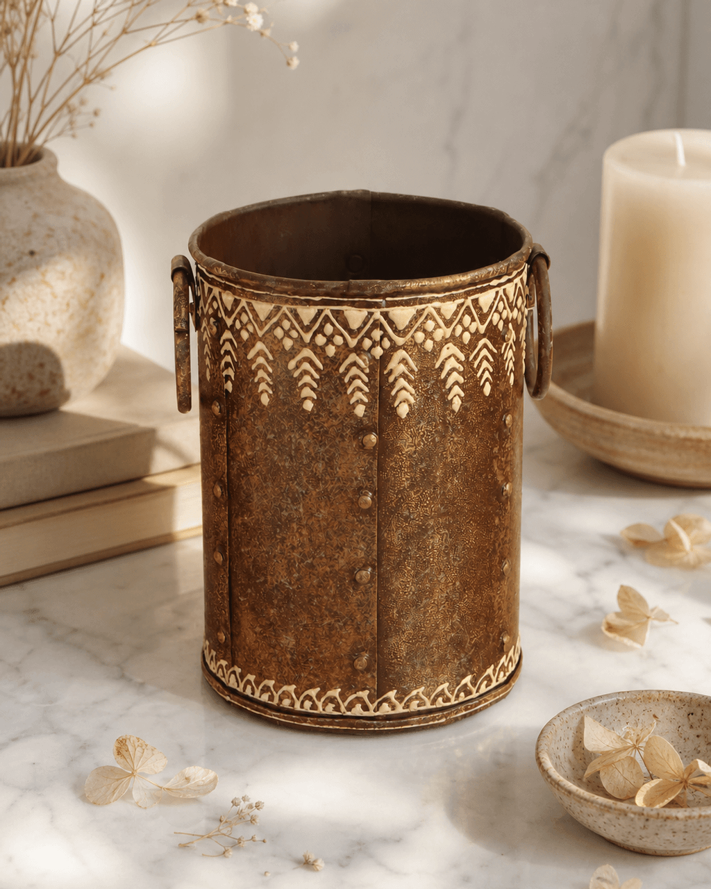 Embossed Iron Vase with Antique Finish, India - Vase