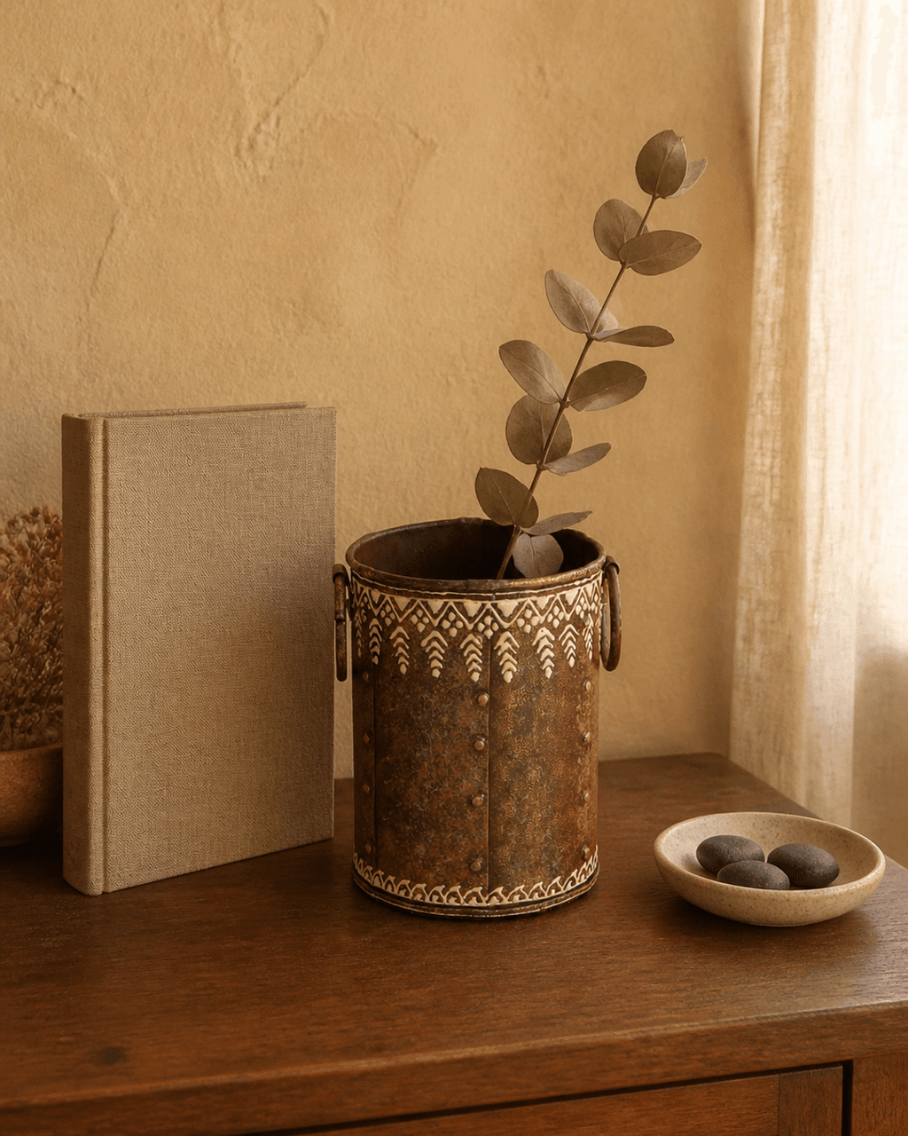 Embossed Iron Vase with Antique Finish, India - Vase