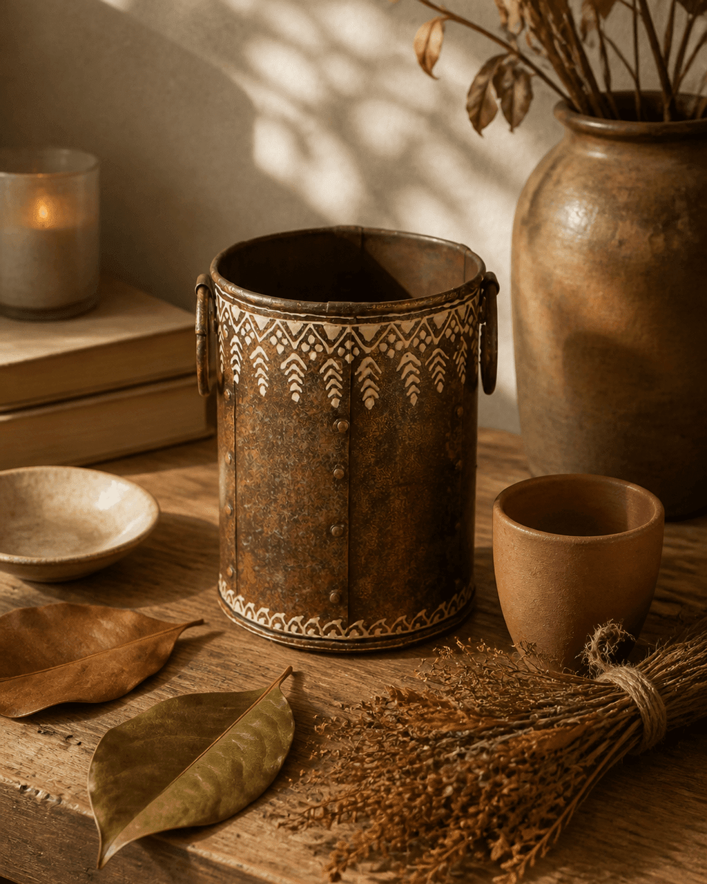 Embossed Iron Vase with Antique Finish, India - Vase