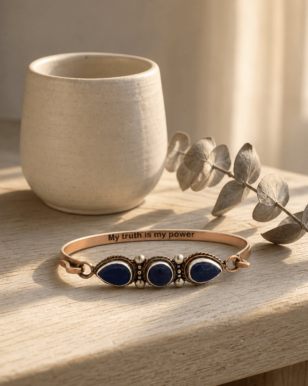Empowerment Cuff – Lapis Lazuli Trio Bracelet in Sterling Silver & Bronze with Affirmation - Bracelets
